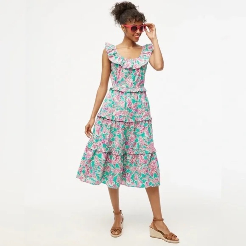 J CREW Dress Women’s 00 Pink Green Swiss Dot Printed Ruffle Midi